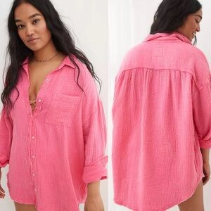 Aerie Oversized Gauze Cover Up Shirt Pool to Party Club Pink 100% Cotton Gauzy